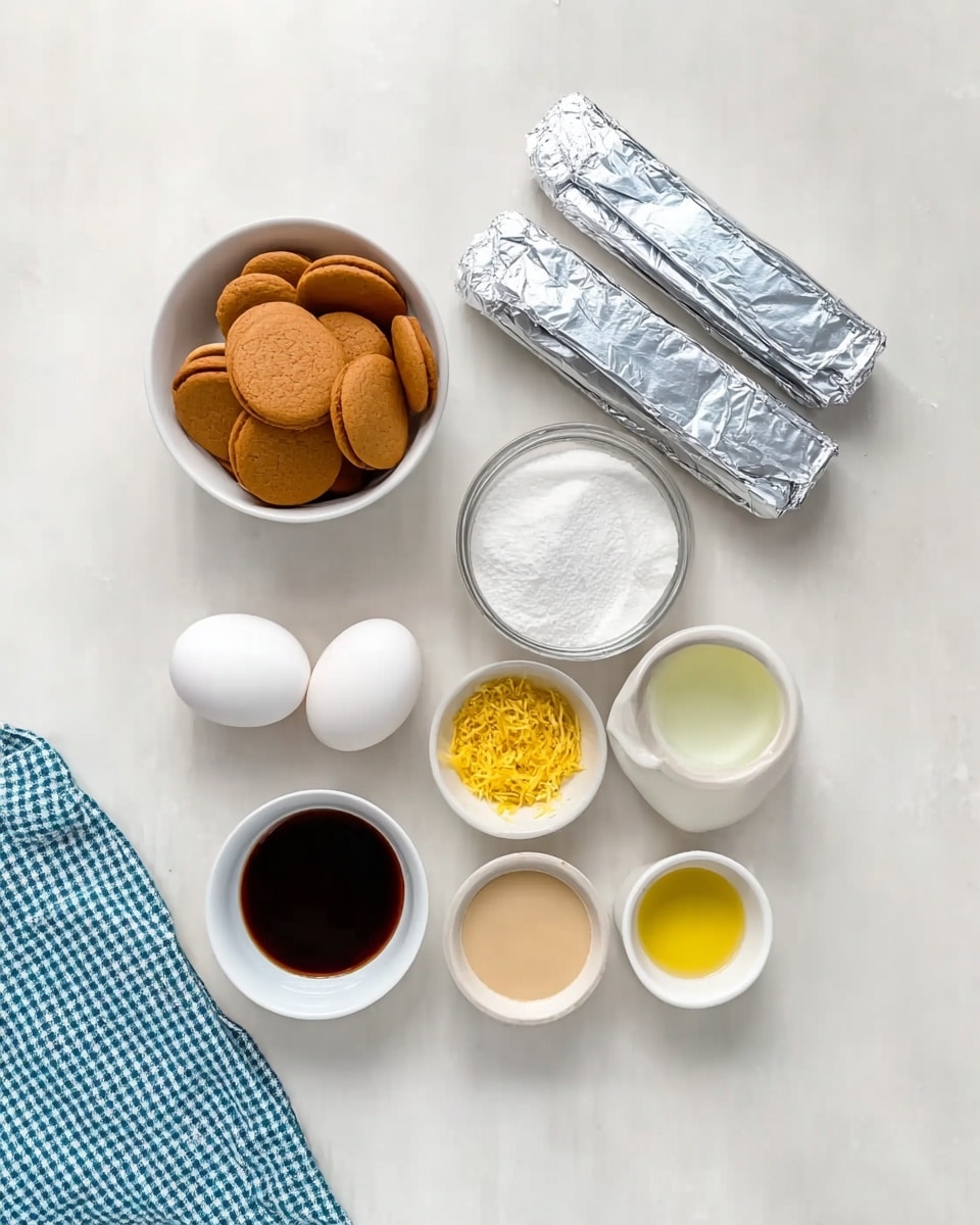 The image shows a flat white marbled surface with several baking ingredients arranged neatly. At the top right, there are two silver foil-wrapped rectangular sticks placed side by side. To the left, there is a small white bowl filled with round, light brown cookies. Below the bowl, there is a white bowl holding white granulated sugar. Next to the sugar, two white eggs are placed close together. Below the eggs, there are three small white bowls: one with yellow lemon zest, one with a dark brown liquid, and the third with a light beige liquid. On the bottom left corner, a blue and white checkered cloth is partially visible. Photo taken with an iphone --ar 4:5 --v 7