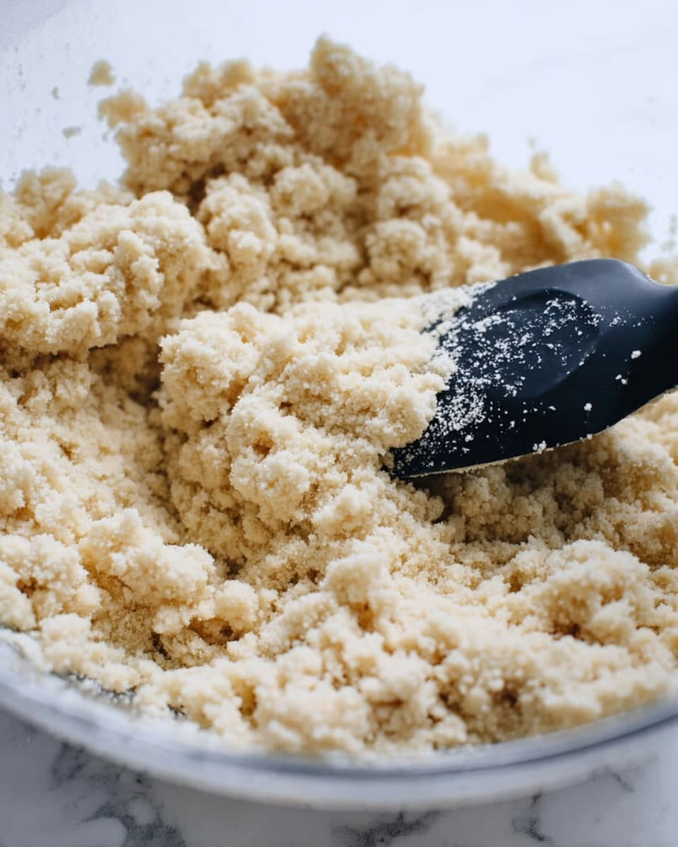 The image shows a close-up of a mixture with a crumbly texture in a transparent bowl. The mixture is pale beige and clumpy, looking coarse and soft at the same time. A black spatula is pressing the mixture from the side, its surface holding some bits of the crumbly material. The background is a white marbled texture. photo taken with an iphone --ar 4:5 --v 7