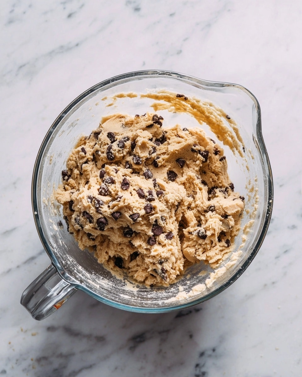 A clear glass mixing bowl sits on a white marbled surface, holding thick, light brown cookie dough with visible dark chocolate chips scattered throughout. The dough has a soft, slightly rough texture, clinging unevenly on the sides of the bowl, showing signs of being stirred. The bowl has a handle and a spout, adding to its kitchen utility feel. photo taken with an iphone --ar 4:5 --v 7