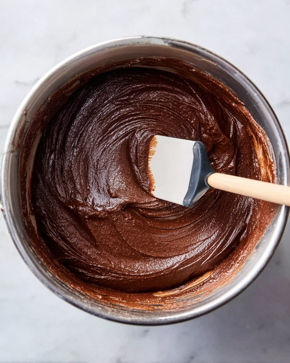This image shows a close-up view of a smooth, thick chocolate batter in a round metal mixing bowl. The batter is dark brown with a shiny, creamy texture, spread evenly inside the bowl. A white spatula with a black handle is in the bowl, covered with some of the chocolate batter on its flat side. The bowl is on a white marbled surface. The photo was taken with an iphone --ar 4:5 --v 7
