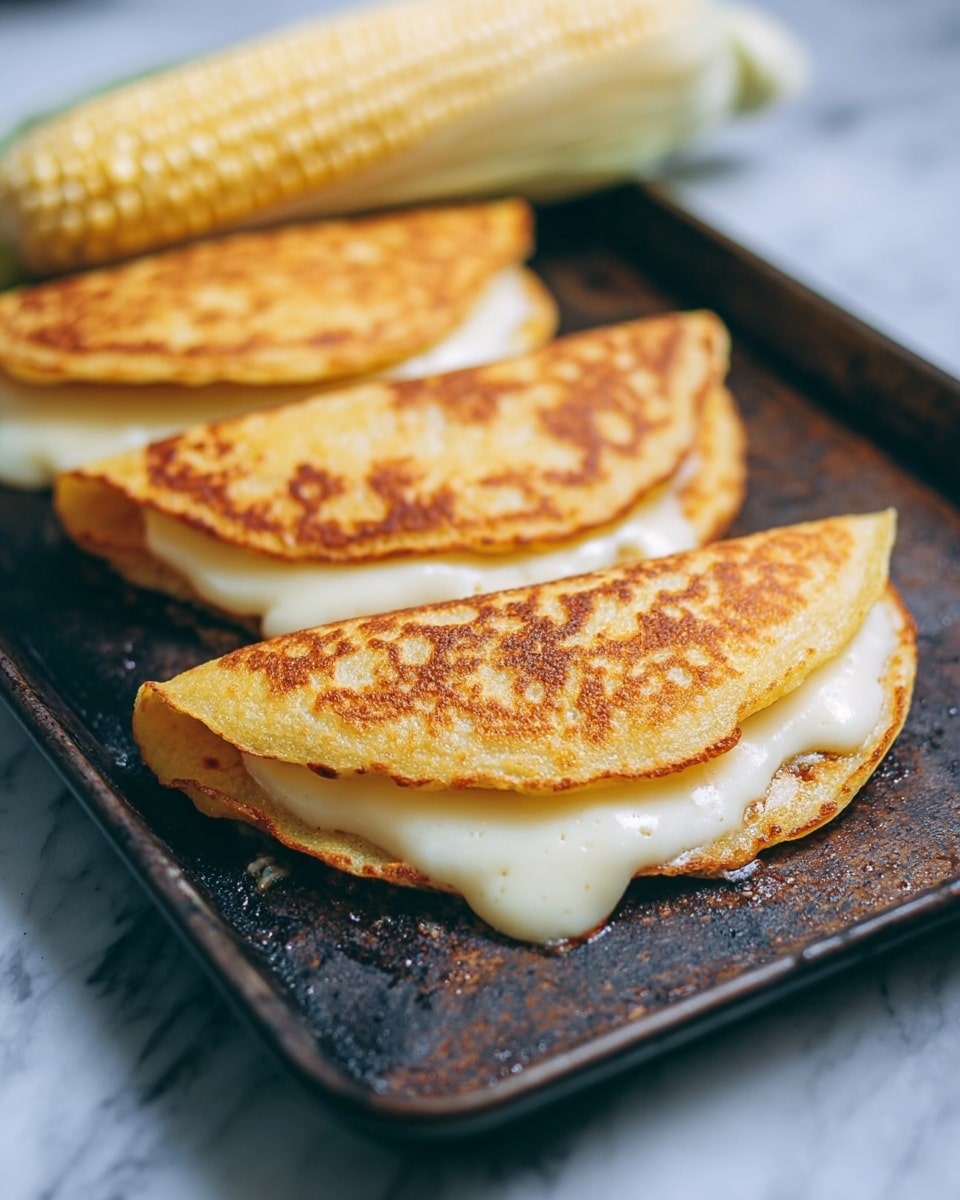 The image shows three golden brown, folded pancakes placed on a dark, slightly worn baking tray. Each pancake is folded in half, with a thick, creamy white filling that spills out slightly from the edges. The pancakes have a textured surface with small darker brown spots, indicating they are cooked to a crisp on the outside. In the background, there is a piece of corn on the cob with a pale yellow color, resting behind the pancakes. The scene sits on a white marbled surface. Photo taken with an iphone --ar 4:5 --v 7
