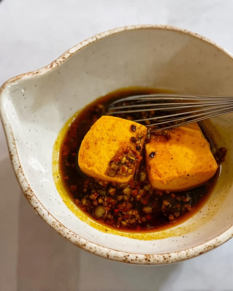 A white bowl with two soft, orange-yellow tofu pieces partially soaked in a dark brown sauce with visible small bits of seasoning. The bowl is speckled and has a small spout on one side, placed on a white marbled surface. A silver wire whisk rests nearby, slightly out of focus. photo taken with an iphone --ar 4:5 --v 7