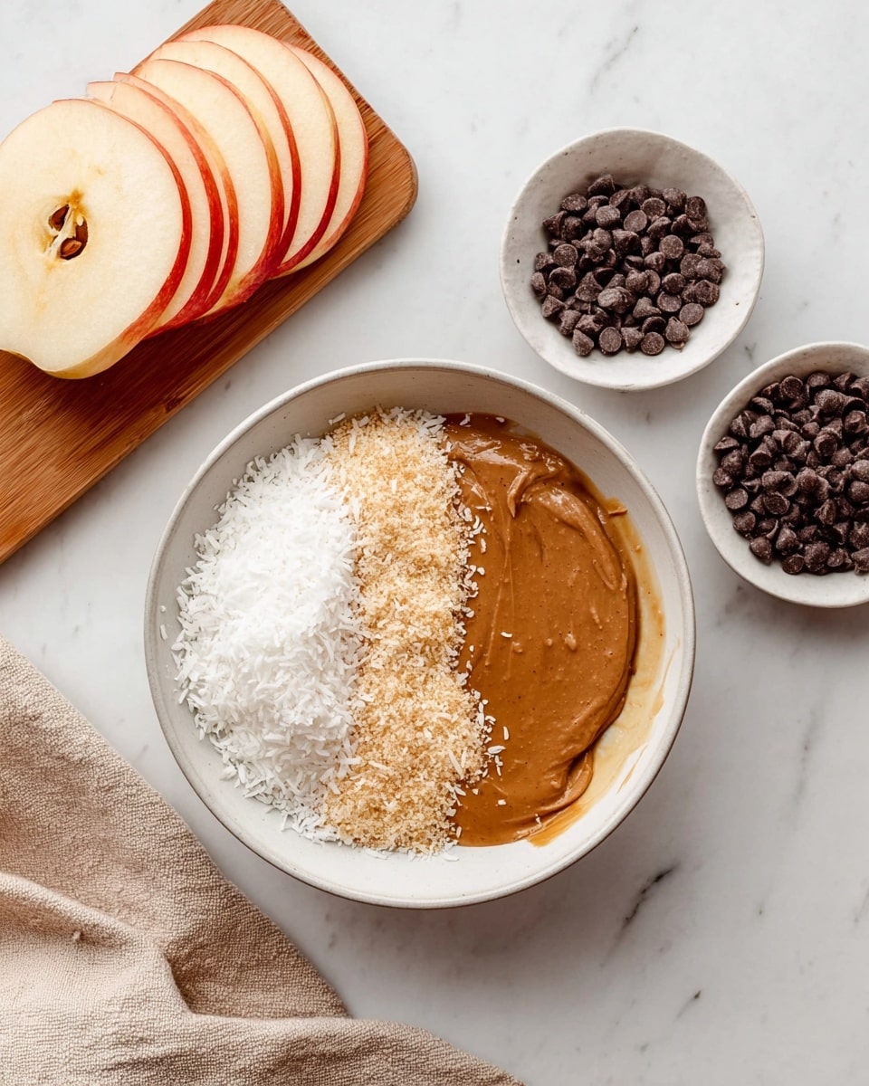 The image shows a white bowl on a white marbled surface, filled with three layers arranged side by side: shredded white coconut on the left, smooth brown almond butter in the middle, and golden syrup on the right bottom edge. To the left of the bowl, there is a wooden board with three apple rings stacked slightly overlapping each other, showing their light creamy flesh and red skin edges. On the right side, a white bowl holds small dark chocolate chips scattered loosely. A soft textured beige cloth is partly visible at the bottom left corner. The photo taken with an iphone --ar 4:5 --v 7