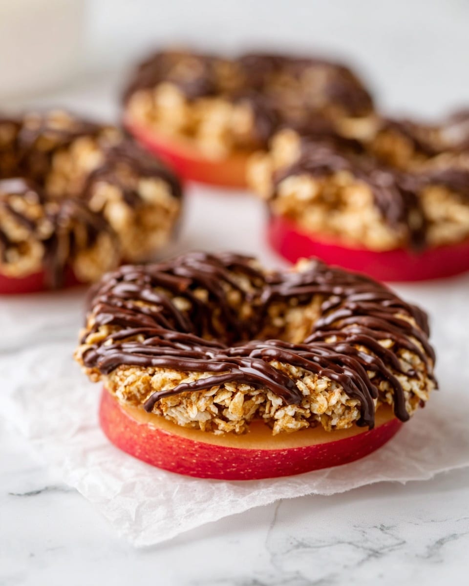 The image shows round snacks made from three layers: the bottom layer is a thick red apple slice forming a ring shape, the middle layer is a golden-brown granola mixture with a coarse texture covering the apple slice, and the top layer is dark chocolate drizzled in uneven stripes over the granola. The snacks are placed on white parchment paper on a white marble surface with a soft background. Photo taken with an iphone --ar 4:5 --v 7