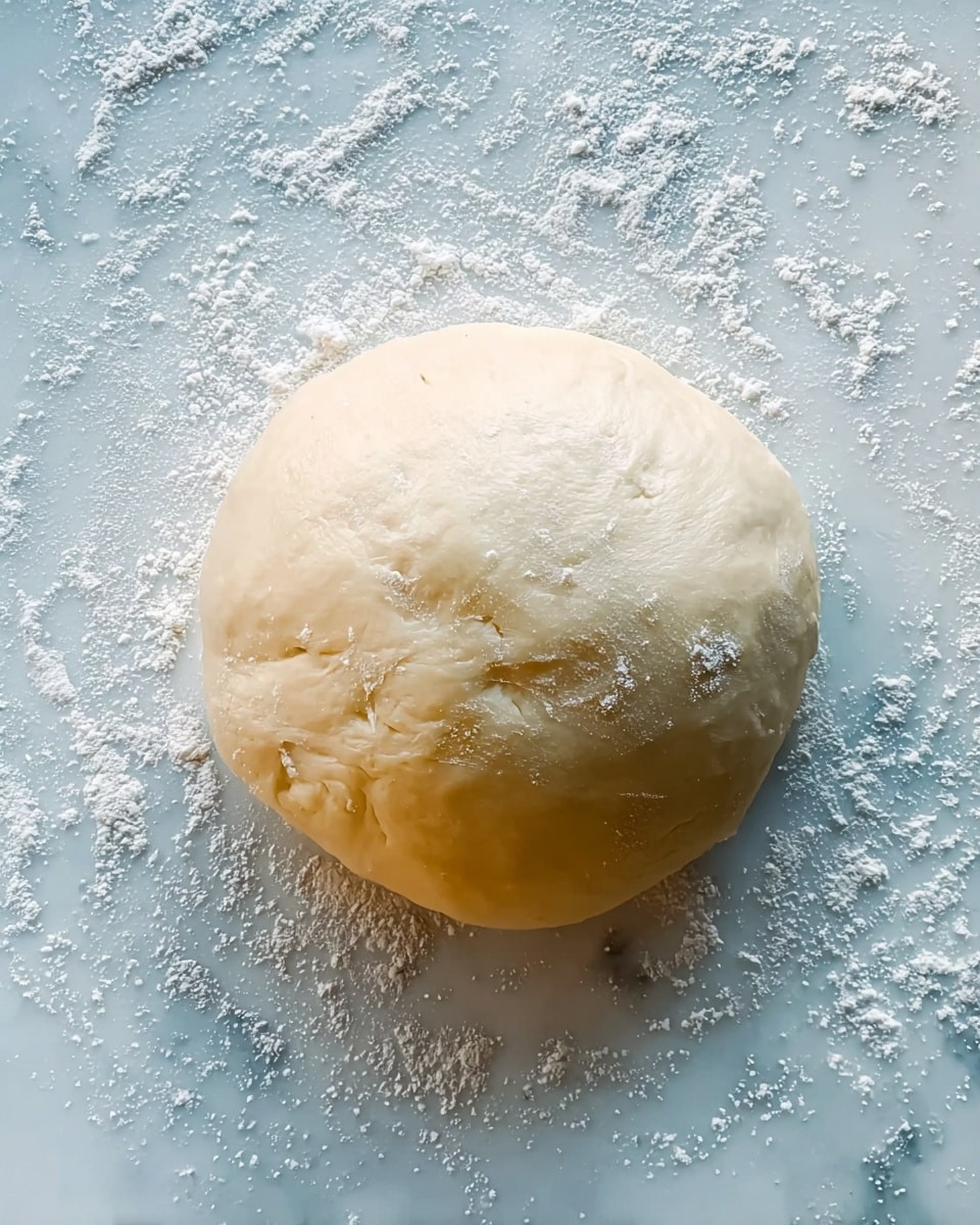 The image shows a single round dough ball with a smooth, slightly shiny surface and a few small cracks on top. The dough is pale cream in color and rests on a white marbled surface sprinkled lightly with flour around it. The scene is clear with soft natural light highlighting the texture of the dough. Photo taken with an iphone --ar 4:5 --v 7