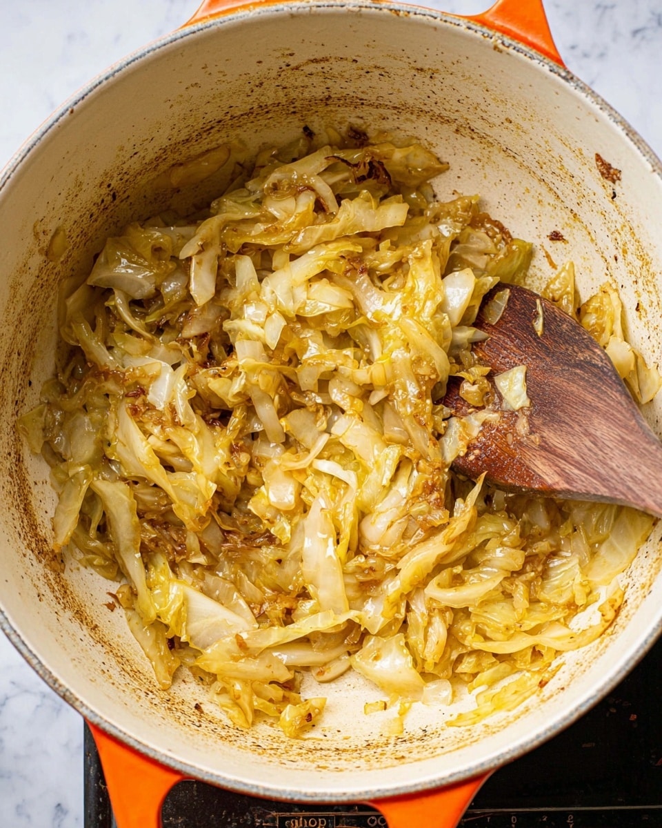 Inside a white pot with an orange handle, there is a cooked mixture of soft, golden-brown cooked cabbage and onions. The cabbage has a mix of light yellow and caramel brown colors with some shiny, slightly oily textures. The onions are translucent and light golden, blending well with the cabbage. A rustic wooden spatula partly covered with the cooked vegetables rests inside the pot. The sides of the pot show some browning marks, indicating the food has been slowly cooked. The background is a white marbled surface. Photo taken with an iphone --ar 4:5 --v 7