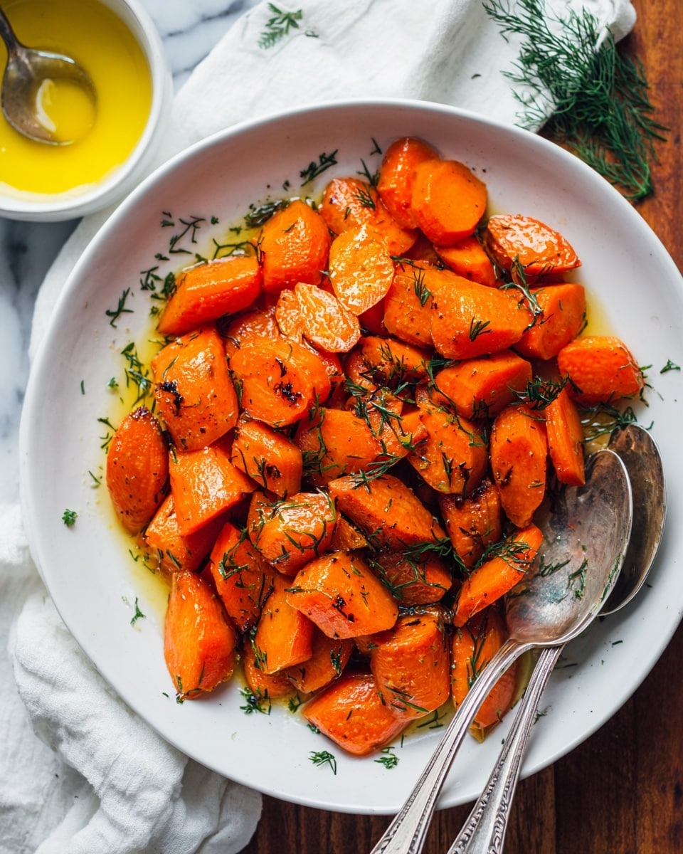 A close-up view of a white round plate filled with two layers of roasted carrot pieces, each carrot piece cut into thick, slightly shiny orange chunks with dark golden-brown caramelized spots on their surface. Small green dill sprinkles cover the carrots evenly, adding texture and contrast. A vintage silver spoon rests inside the plate on the right with some carrots on it, and another spoon is partially visible on the left under the carrots. The plate sits on a wooden table with a white cloth nearby. In the top left corner, there is a small bowl with golden melted butter and a woman's hand holding a spoon inside it. The setting is cozy and rustic with a white marbled texture background. photo taken with an iphone --ar 4:5 --v 7