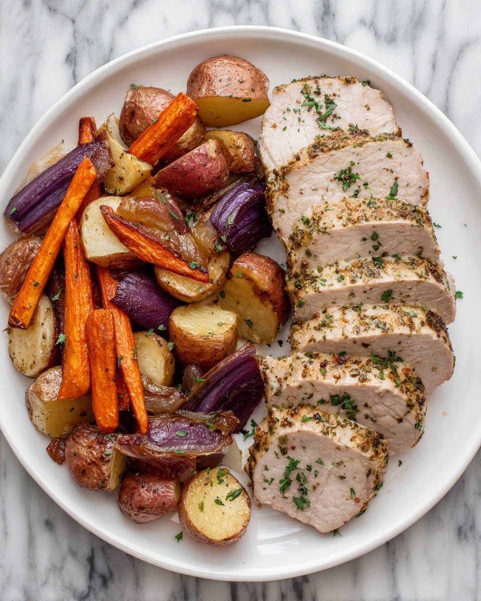 The dish shows a white plate with two main parts. On the right side, there are five thick slices of cooked meat, each slice light beige with a thin herb crust on the edges, sprinkled with small green leaves. On the left side, there is a mix of roasted vegetables including orange carrots cut into chunks, small red potatoes halved, purple onion wedges, and browned pieces of other root vegetables. The vegetables have a caramelized, slightly shiny texture and are garnished with small green herbs scattered on top. The whole plate is placed on a white marbled surface. Photo taken with an iphone --ar 4:5 --v 7