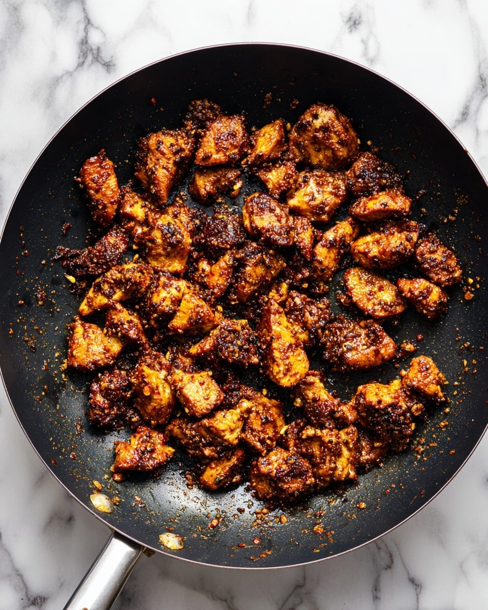 The image shows a black pan filled with small, browned pieces of cooked chicken scattered evenly across the bottom. The chicken pieces vary in size and have a rich, dark brown color with crispy edges and some golden spots, indicating they are well-cooked and seasoned. The pan surface shows a slightly oily texture with bits of spices and seasoning spread around the chicken, giving a rustic and flavorful impression. The background is a white marbled texture. Photo taken with an iphone --ar 4:5 --v 7