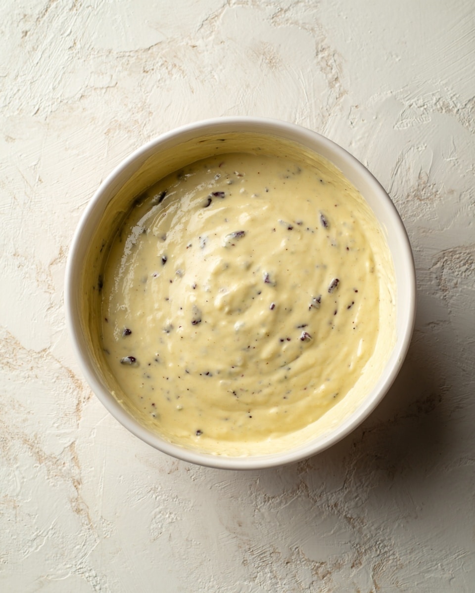 The image shows a white bowl filled with creamy pale yellow batter that has a smooth, thick texture. Scattered within the batter are small, round dark spots that look like blueberries. The batter fills most of the bowl, leaving a small visible edge of the bowl's white interior. The background is a white marbled surface with some slight texture and pattern. photo taken with an iphone --ar 4:5 --v 7