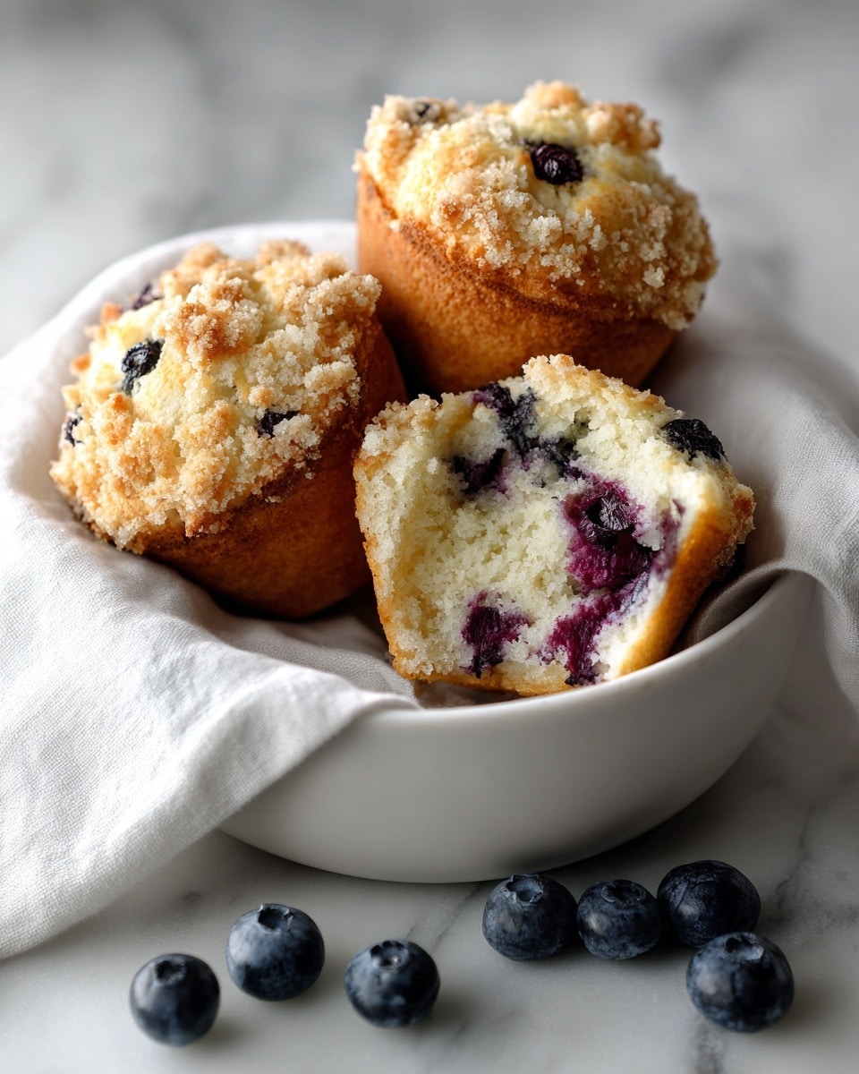 Three crumb-topped blueberry muffins rest in a white bowl lined with a white cloth. One muffin is split open, showing a pale, soft inside with dark purple blueberries spread throughout. The tops of the muffins are golden brown with a light crumbly texture. Blueberries are scattered around the bowl on a white marbled surface. Photo taken with an iphone --ar 4:5 --v 7