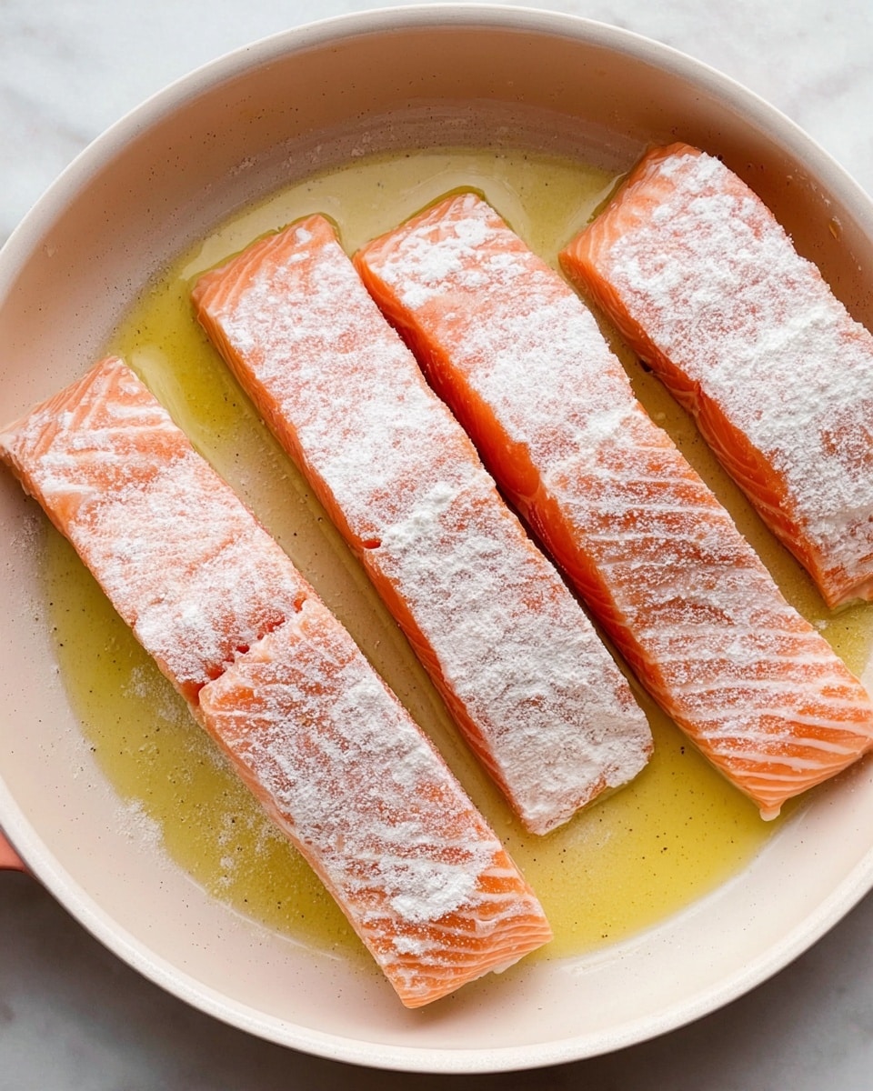 Four long, raw salmon fillets are placed side by side in a white pan with light yellow oil coating the base. Each fillet is lightly dusted with white flour, highlighting their soft, pinkish-orange flesh with visible texture lines. The pan sits on a white marbled surface, and the image is clear and bright with natural lighting. photo taken with an iphone --ar 4:5 --v 7