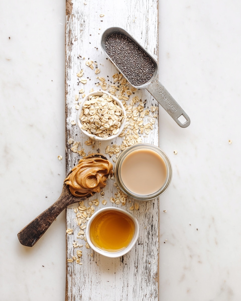 A rustic white wooden board is placed on a white marbled surface, holding several food items arranged vertically. At the top, a metal scoop filled with small, dark chia seeds rests diagonally, showing their glossy texture. Below, a small white cup overflowing with light-brown rolled oats sits near the center, some oats scattered around it. Further down, a glass jar contains a smooth, creamy beige liquid, implying plant milk. Next to the jar is a wooden spreader with a dark handle, loaded with a dollop of thick, light brown peanut butter. At the bottom, a small white bowl with golden honey shows a shiny, smooth surface, completing the lineup of natural, healthy ingredients. photo taken with an iphone --ar 4:5 --v 7