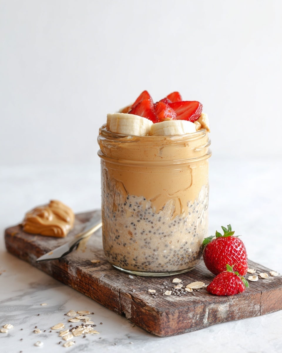 A clear glass jar filled with three visible layers: the bottom layer is smooth light brown peanut butter, the middle layer is creamy oatmeal mixed with chia seeds that is pale tan with black specks throughout, and the top layer is thick oatmeal with chia seeds that rises to the top edge of the jar. On top, there are evenly sliced banana pieces placed on the right side and bright red sliced strawberries with green leaves on the left side. The jar sits on a rough textured wooden board with a dollop of peanut butter and chia seeds on a metal butter knife on the left and some strawberry slices on the right, all placed on a white marbled surface. Photo taken with an iphone --ar 4:5 --v 7