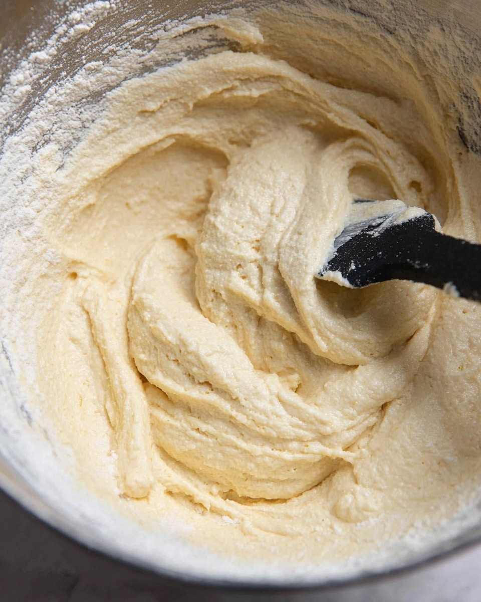 A close-up view of a mixing bowl filled with thick, pale yellow batter that has a slightly grainy texture. A black spatula is partially submerged in the batter, with some batter clinging to its edge. The inside of the bowl is coated with a light dusting of flour, giving it a powdery look on top of the smooth batter. The white marbled surface is just barely visible at the bottom edge of the image. photo taken with an iphone --ar 4:5 --v 7