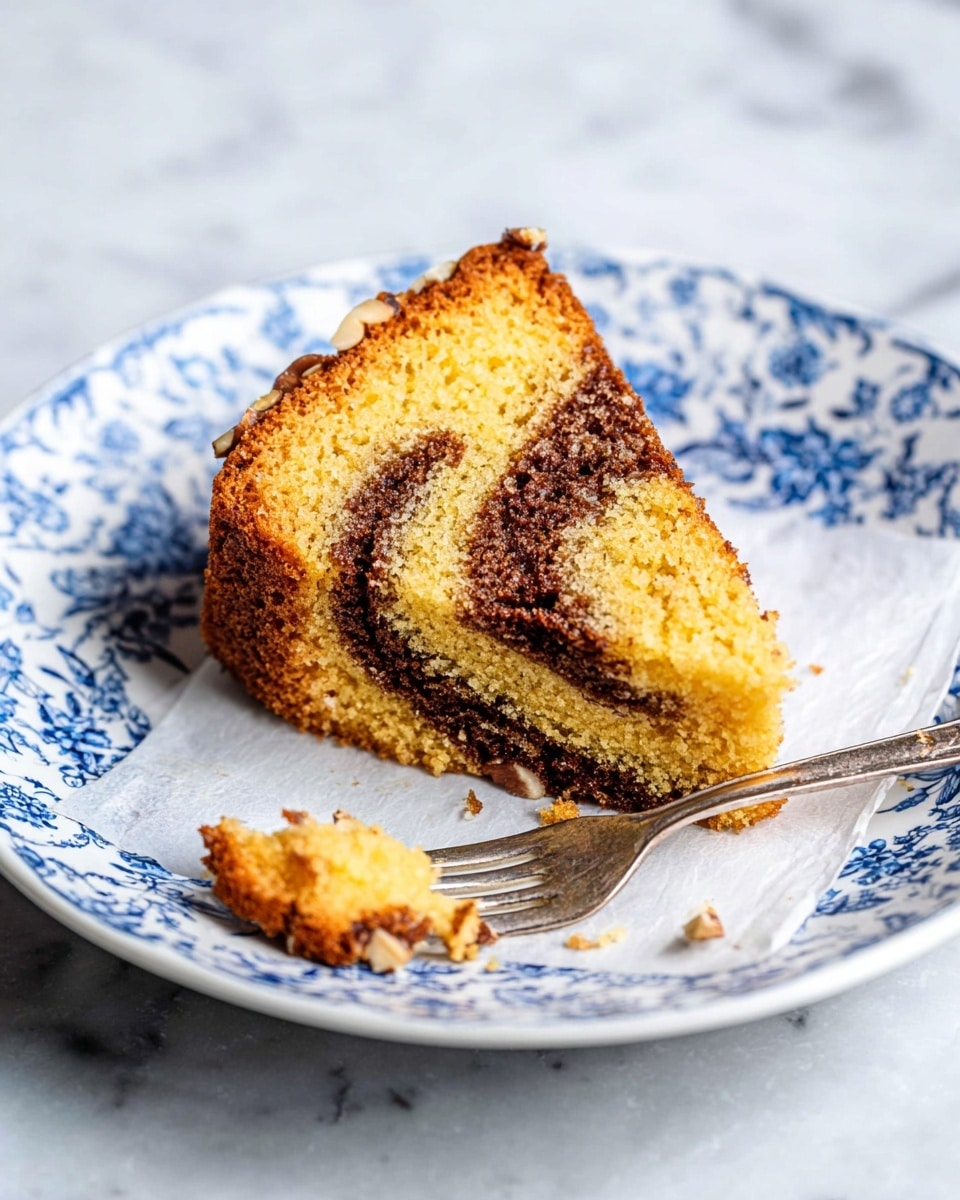 A single slice of yellow cake with two visible swirled layers of dark brown filling is placed on white parchment paper atop a white plate with a blue floral pattern. The cake has a slightly browned crust, a soft crumb texture, and pieces of nuts within the swirl. There is a silver fork beside the slice with a small piece of cake on its tines. The plate rests on a white marbled textured surface. photo taken with an iphone --ar 4:5 --v 7