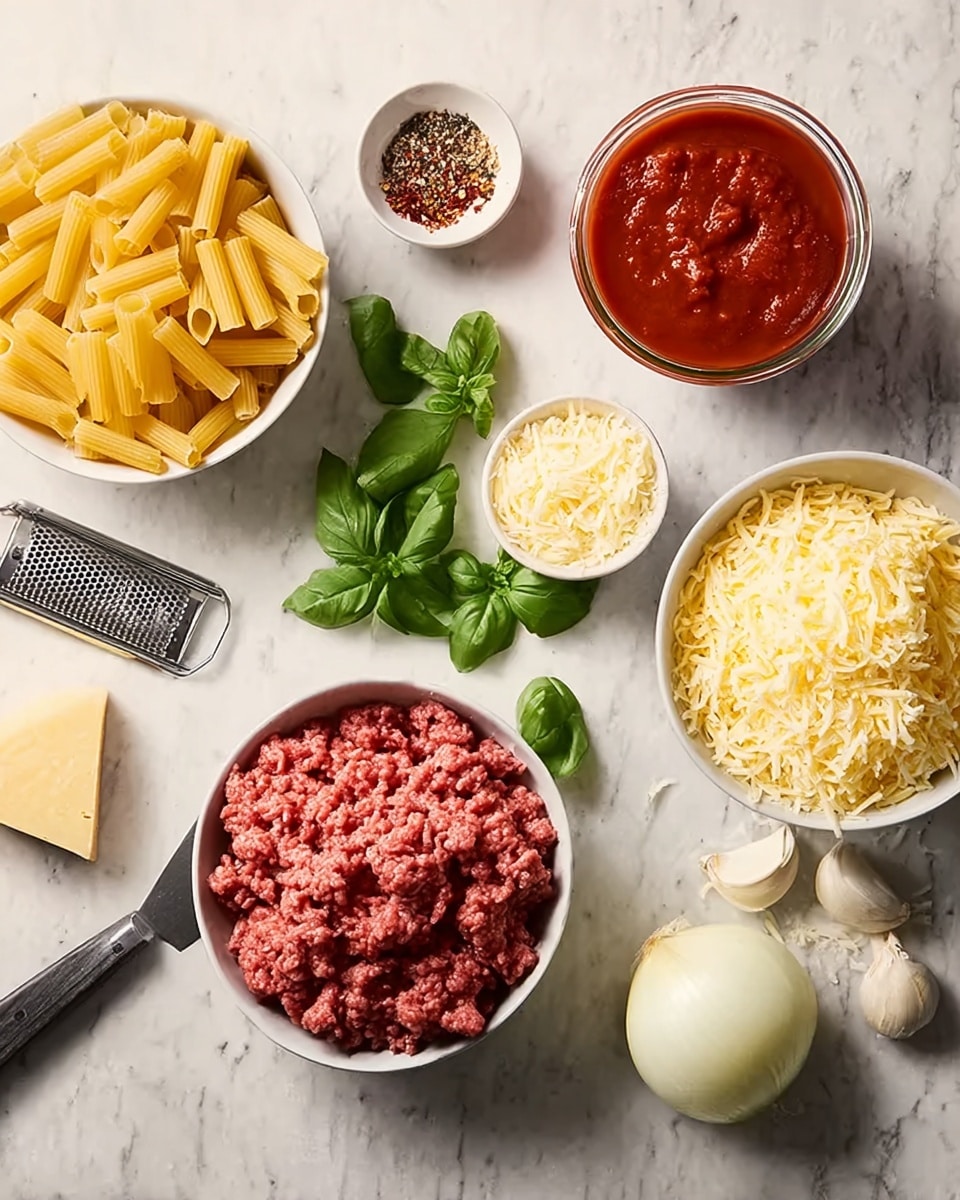 The image shows several white bowls on a white marbled surface. One bowl is filled with uncooked pasta shaped like short tubes, placed at the top left. Next to it, on the right, there is a glass container filled with a thick red tomato sauce. Below the pasta is a white bowl with raw ground meat, showing a rough, red texture. To the right of the meat is another white bowl full of shredded cheese, light yellow in color. A smaller white bowl with finely grated cheese is near the bottom left. Near the center, some fresh green basil leaves are placed next to three whole garlic cloves. At the bottom right, a white onion is sliced in half, showing its layered inside. A knife with a black handle lies next to the onion. Toward the left side is a cheese grater with some grated cheese pieces on and around it. A small white dish with crushed red pepper, dried herbs, and black pepper sits near the basil. photo taken with an iphone --ar 4:5 --v 7