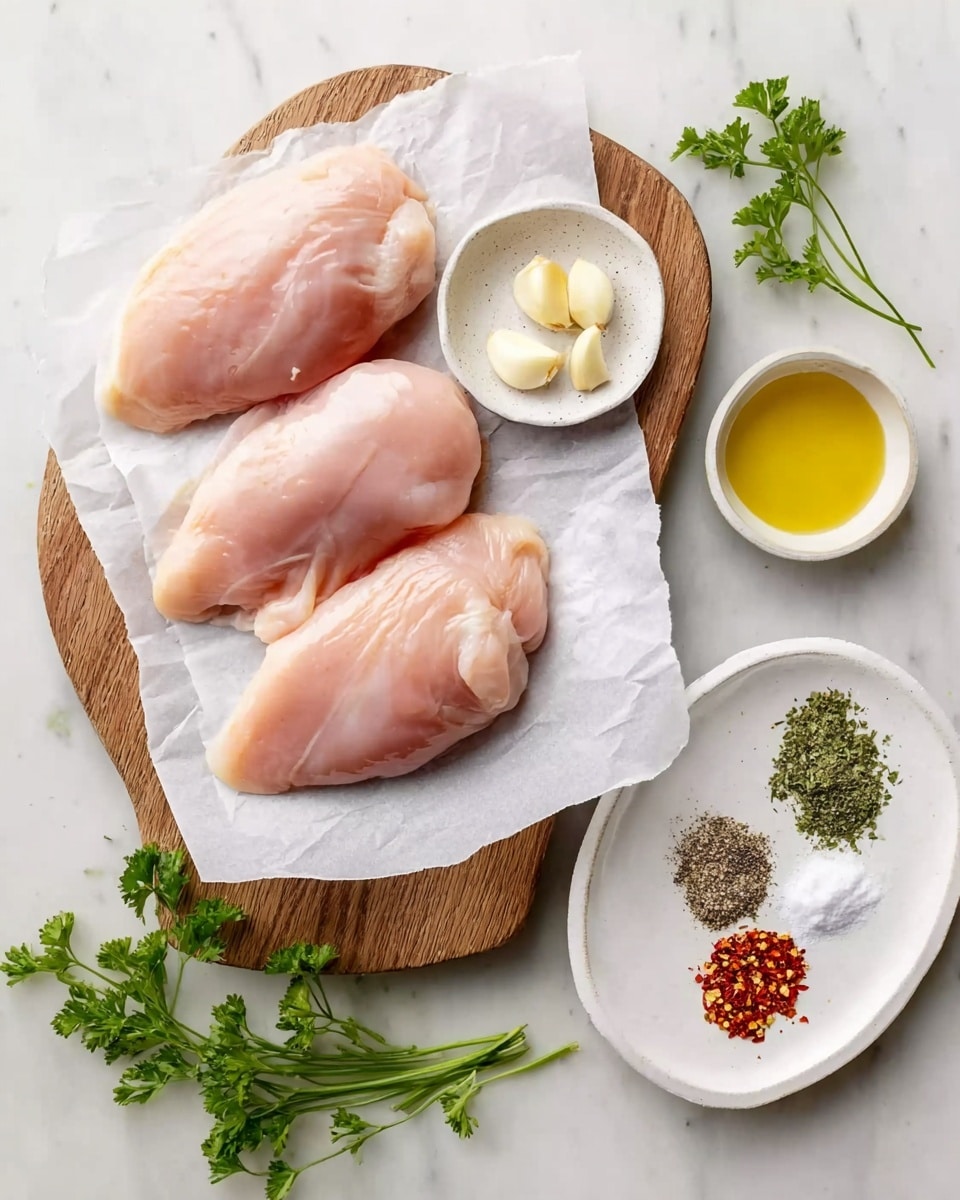 The image shows three raw chicken breasts placed on white parchment paper on a wooden cutting board. Next to the chicken breasts, there is a small white bowl with two peeled garlic cloves and a small cup of olive oil. To the right, a white plate features small piles of black pepper, salt, dried herbs, red paprika, and minced garlic. Fresh green parsley sprigs are scattered around the bottom left and right corners of the wooden board and white marbled background. The scene is bright and clean, with a focus on fresh ingredients. Photo taken with an iphone --ar 4:5 --v 7