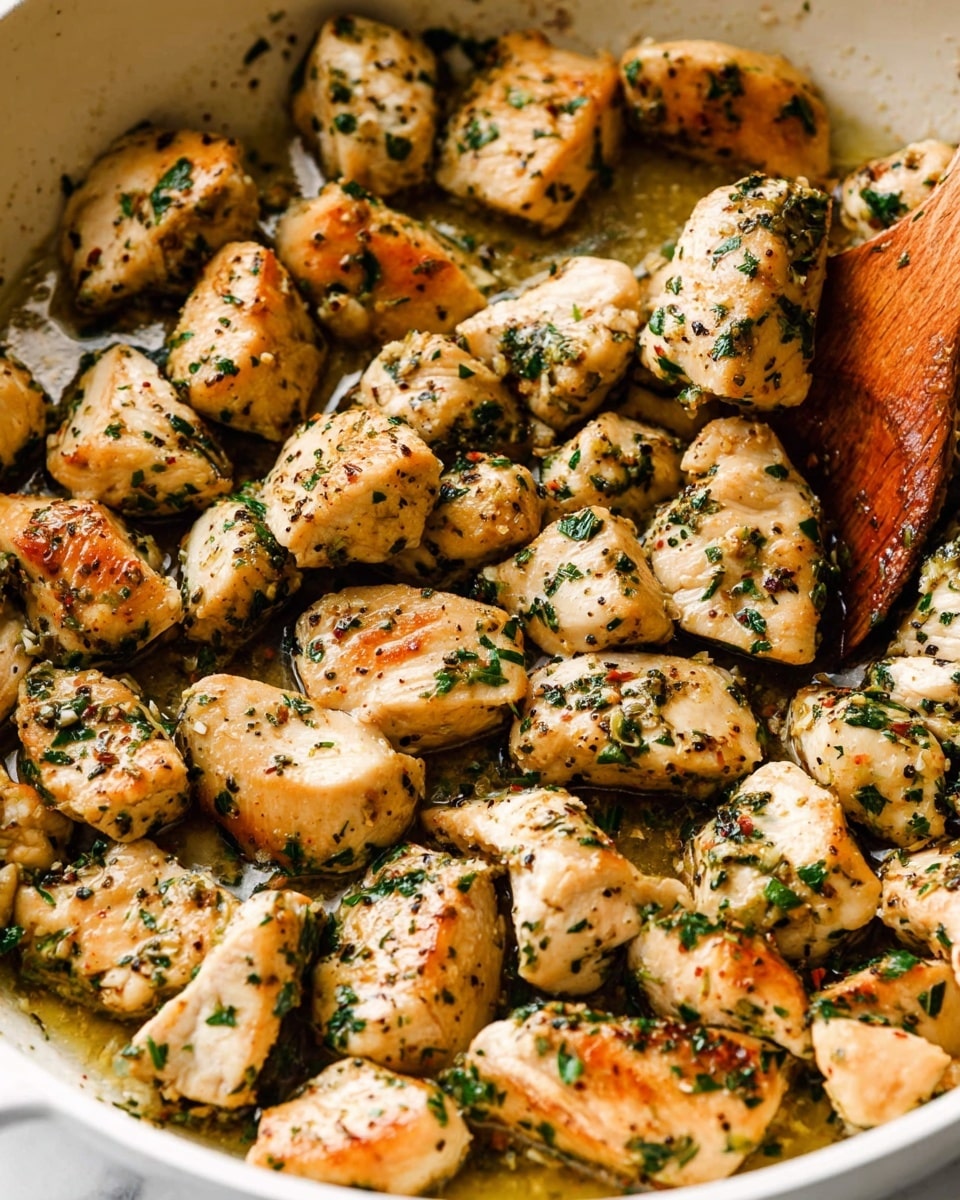 A close-up view of many small, lightly browned chicken pieces cooked in a white pan, each coated with green herb flakes and specks of black pepper, sitting in a glossy sauce that gives a slight shine. A wooden spoon is partially visible on the right side, stirring some chicken pieces. The chicken pieces vary slightly in size and shape but mostly look tender and juicy. The background shows the white marbled texture around the pan. photo taken with an iphone --ar 4:5 --v 7