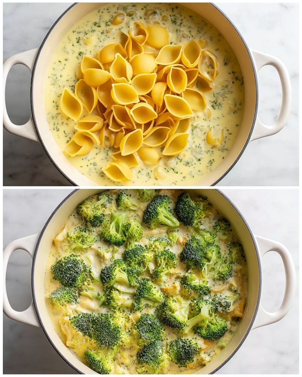 The image shows two views of a round white pot on a white marbled surface. In the first view, the pot is filled with a creamy yellow sauce with small green herb specks, topped with a pile of uncooked pasta shells in the center, their bright yellow color contrasting with the sauce. In the second view, the same creamy sauce is visible, now covered with fresh green broccoli florets spread evenly over the top, showing a mix of green shades and textures with the creamy base underneath. Photo taken with an iphone --ar 4:5 --v 7