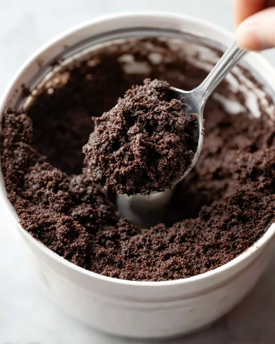 A close-up image shows a white mixing bowl filled with a dark brown, thick, crumbly dough. A silver spoon scoops some of the dough from the bowl, held by a woman's hand just out of view. The texture of the dough looks dense and slightly moist, with uneven clumps. The white marbled surface is barely visible behind the bowl. Photo taken with an iphone --ar 4:5 --v 7