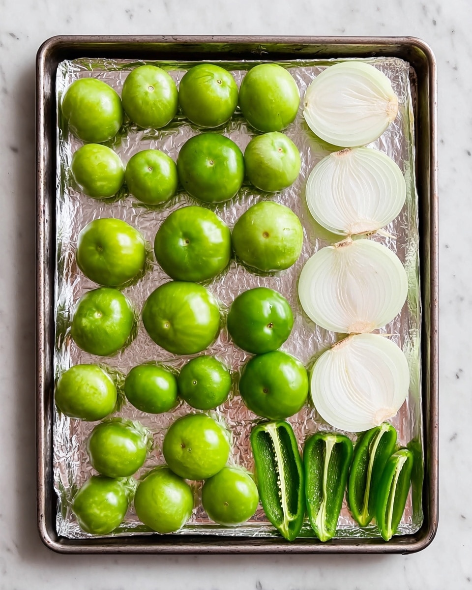 A baking tray lined with shiny aluminum foil holds three rows of fresh green tomatoes of different sizes, from small to large, arranged neatly across the tray. On the right side, there are two halves of a white onion with visible layers, positioned next to two halved green peppers showing their ridged texture. The scene is set on a white marbled surface. photo taken with an iphone --ar 4:5 --v 7