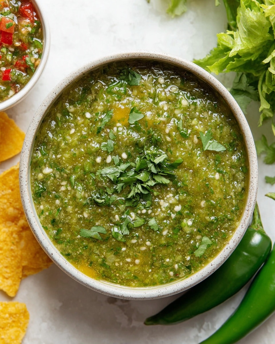 A white bowl filled with green salsa that has a thick texture with visible small white seeds and bits of green herbs mixed inside. The top is sprinkled with chopped fresh cilantro scattered unevenly. Around the bowl, there are two whole green chili peppers on the white marbled surface, some torn yellow tortilla chips, and some lettuce leaves to the side. Part of a white bowl with red and green salsa is slightly seen in the top left corner. Photo taken with an iphone --ar 4:5 --v 7