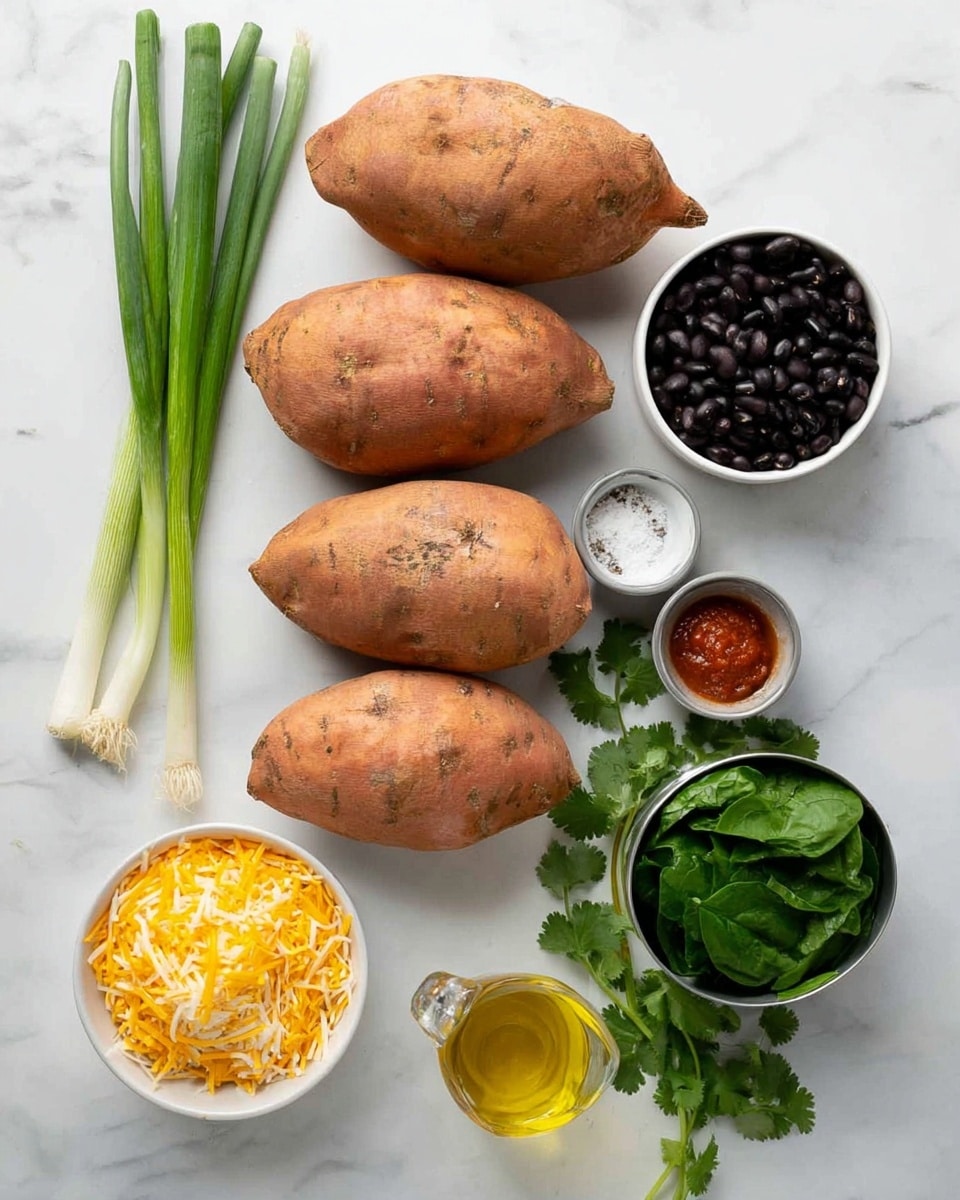 The image shows five whole sweet potatoes with rough, tan-orange skin, placed on a white marbled surface. To the left, there are three green onions with long, thin, light green stalks and white bulbs. Below the sweet potatoes, a small bunch of fresh cilantro with bright green leaves is placed. To the right of the sweet potatoes, there are small white bowls and metal bowls arranged neatly: one bowl has black beans, another has fresh green spinach leaves, a third contains shredded yellow and white cheese, and a small white bowl holds red salsa. In the center at the bottom, a clear glass holds golden yellow oil. Above the bowls, a small white cup with salt and ground black pepper is seen. Everything is spread on a clean white marbled surface, well lit. photo taken with an iphone --ar 4:5 --v 7