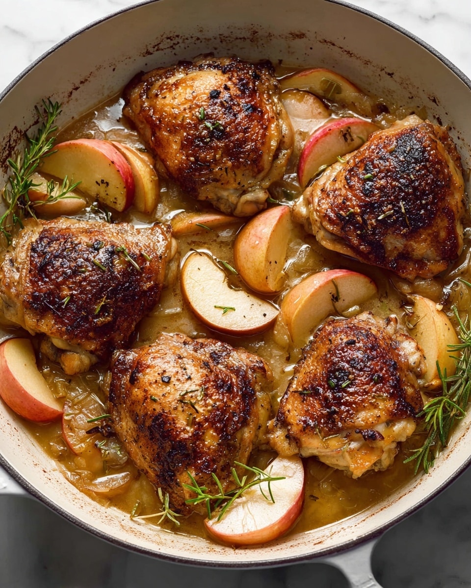 A white pan holds five golden brown cooked chicken pieces with crispy skin on top, each piece showing browned spots and some blackened edges. Underneath and around the chicken are several sliced apples with red peel edges, soft and soaked in a light brown sauce with shiny texture. Small green rosemary sprigs are scattered on the apples and sauce, adding a fresh touch. The round white pan sits on a white marbled surface. Photo taken with an iphone --ar 4:5 --v 7