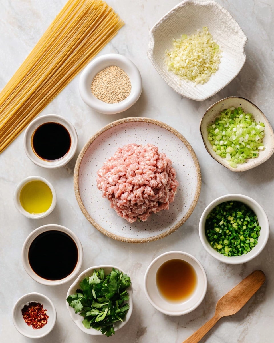 The image shows a flat lay of ingredients arranged neatly on a white marbled surface. In the center, there is a white speckled round plate with a large mound of pink ground meat. To the top right, a white bowl with a slight brown rim is filled with chopped light green scallions, while a smaller white bowl contains darker green chopped scallions below it. Above the meat to the left, a textured white dish holds a pile of pale yellow minced garlic. Toasted sesame seeds rest in a smooth white bowl near the top center. Around these, there are several small white bowls of sauces and liquids: two dark soy sauces, a pale yellow oil, a light-clear vinegar, and a brown liquid. Fresh chopped green herbs sit in a white bowl at the bottom left. A small dish holds red chili flakes below the herbs. On the far left, there is a neat bundle of uncooked spaghetti next to a wooden spatula with a woman’s hand holding it. photo taken with an iphone --ar 4:5 --v 7