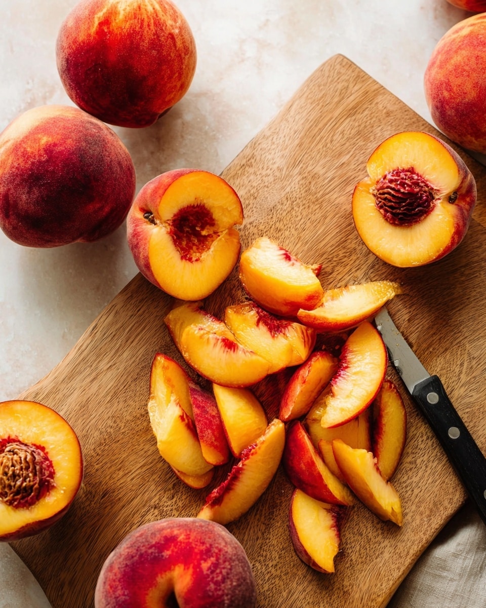 A wooden cutting board sits on a white marbled surface, holding several whole ripe peaches with fuzzy skin in shades of red, orange, and yellow scattered around its edges. In the center, there are slices of peach arranged in small groups, showing the fruit’s juicy yellow flesh with red around the pits. Two peach halves with pits still inside are placed in the middle, one positioned slightly on top of the sliced peach segments. A black-handled knife lies on the board next to one cluster of peach slices. The scene looks fresh and natural, with the textures of the peach skin and juicy fruit clearly visible. photo taken with an iphone --ar 4:5 --v 7