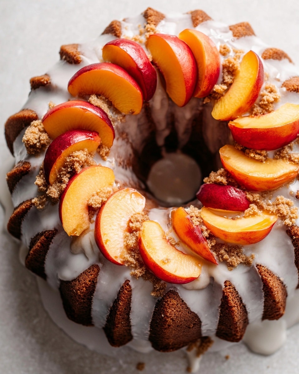 A round bundt cake with seven visible thick vertical ridges on the sides and a large hole in the center is shown from above on a white marbled surface. The cake is covered with a white glaze that drips down the sides but does not fully cover the brown cake below. On top of the cake, thick slices of shiny peach with red and orange skin rest in a ring around the center hole. Small crumbly clusters of light brown streusel are scattered among the peach slices, adding texture. Photo taken with an iphone --ar 4:5 --v 7