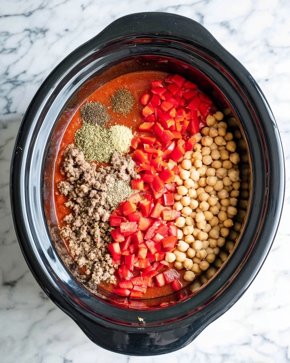 The image shows a black slow cooker on a white marbled surface filled with layers of ingredients. At the bottom is a thick red sauce that covers the base. On the right side, there is a pile of pale beige chickpeas. Below the chickpeas, there is a layer of chopped red bell peppers with bright red color. On the bottom left part, there is cooked ground meat mixed with small pieces of onions, showing a light brown and grayish texture. On the top left side, some dry spices of green and brown colors are placed in small piles on the sauce, creating a contrast with the other ingredients. Photo taken with an iphone --ar 4:5 --v 7
