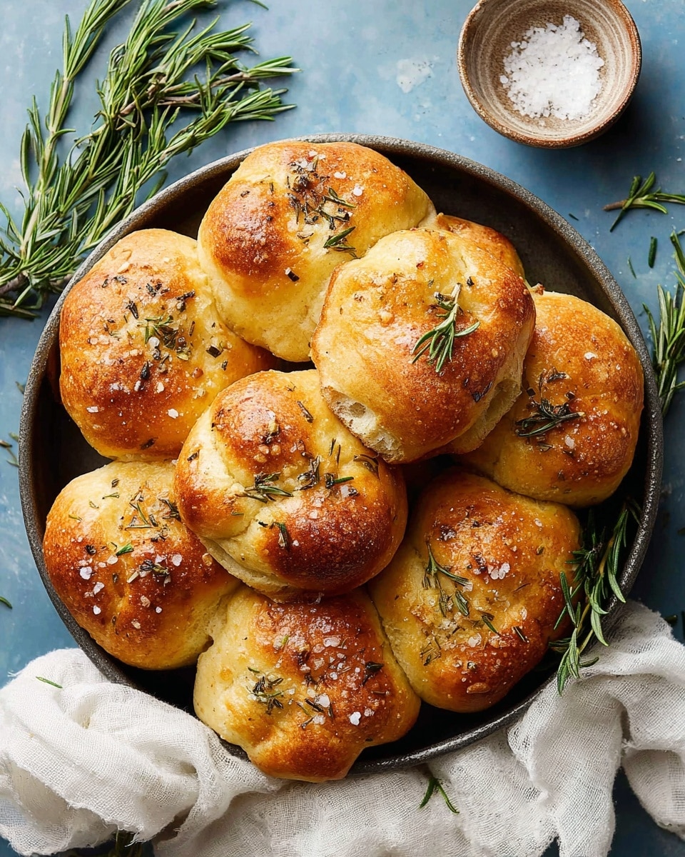 A round metal pan holds nine golden brown rolls arranged closely together. Each roll has a soft, fluffy texture with a slightly crispy top, sprinkled with coarse white salt and small green rosemary leaves, some having whole rosemary sprigs on top. The rolls have uneven, rustic shapes with browned edges and a light yellow center. The pan sits on a blue surface with fresh rosemary sprigs and a small bowl of coarse salt nearby, though these details are placed on a white marbled texture surface. A white cloth is draped partially under the pan. photo taken with an iphone --ar 4:5 --v 7