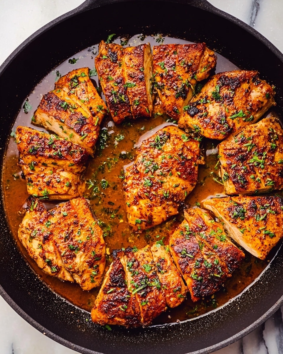 The image shows a black skillet filled with several large pieces of golden-brown cooked chicken arranged side by side in a circle. The chicken has a crispy, slightly charred texture with visible seasoning and is garnished with small green herbs sprinkled evenly over the top. Some sauce or juices with a rich brown color surround the chicken, pooling slightly at the pan bottom. The skillet sits on a surface with a white marbled texture, and the scene is brightly lit to highlight the chicken’s appealing color and texture. photo taken with an iphone --ar 4:5 --v 7