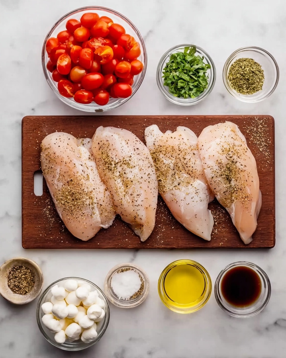 The image shows four raw chicken fillets laid flat on a brown cutting board, each sprinkled with black pepper. Surrounding the cutting board are small clear glass bowls with ingredients: one bowl has halved bright red cherry tomatoes, another is filled with small white mozzarella balls, and a third holds chopped green basil leaves. There are also small bowls with mustard, honey, minced garlic, balsamic vinegar, salt, dried herbs, ground black pepper, and a small bowl of yellow olive oil. All items rest on a white marbled surface. photo taken with an iphone --ar 4:5 --v 7