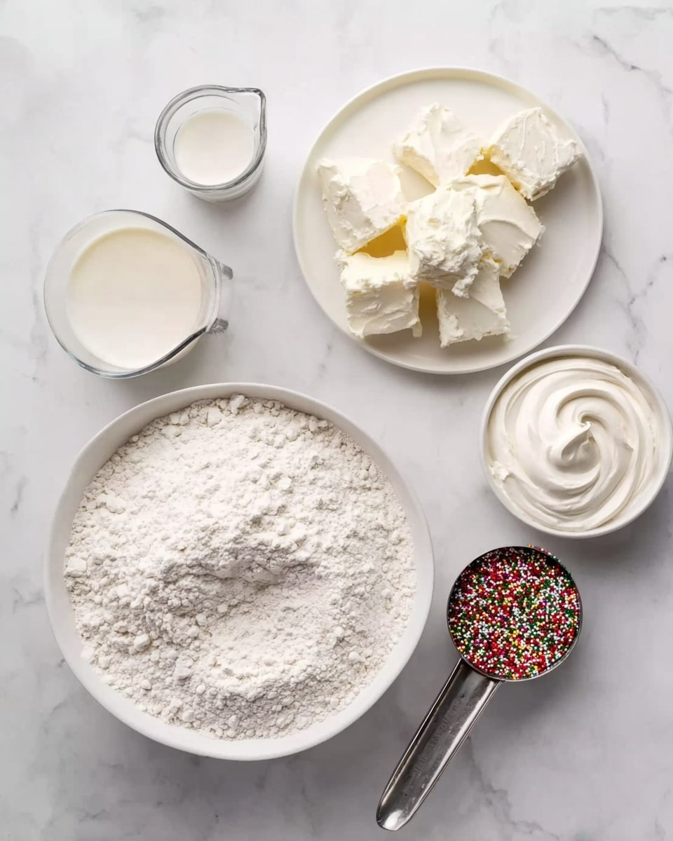 This image shows a white marbled surface with five main items placed neatly. At the bottom left is a wide white bowl filled with fine white flour with a slightly uneven top layer. Just above it to the left is a small clear glass jug filled with cream appearing smooth and thick. To the right of the flour is a smaller white bowl containing smooth and creamy white frosting with soft peaks. Above this bowl and slightly to the right center is a white plate holding soft cream cheese chunks arranged loosely, and on the same plate is a metal measuring cup filled with colorful round sprinkles, red, green, yellow, black, and white. Everything is placed in a balanced arrangement on the white marbled surface. photo taken with an iphone --ar 4:5 --v 7