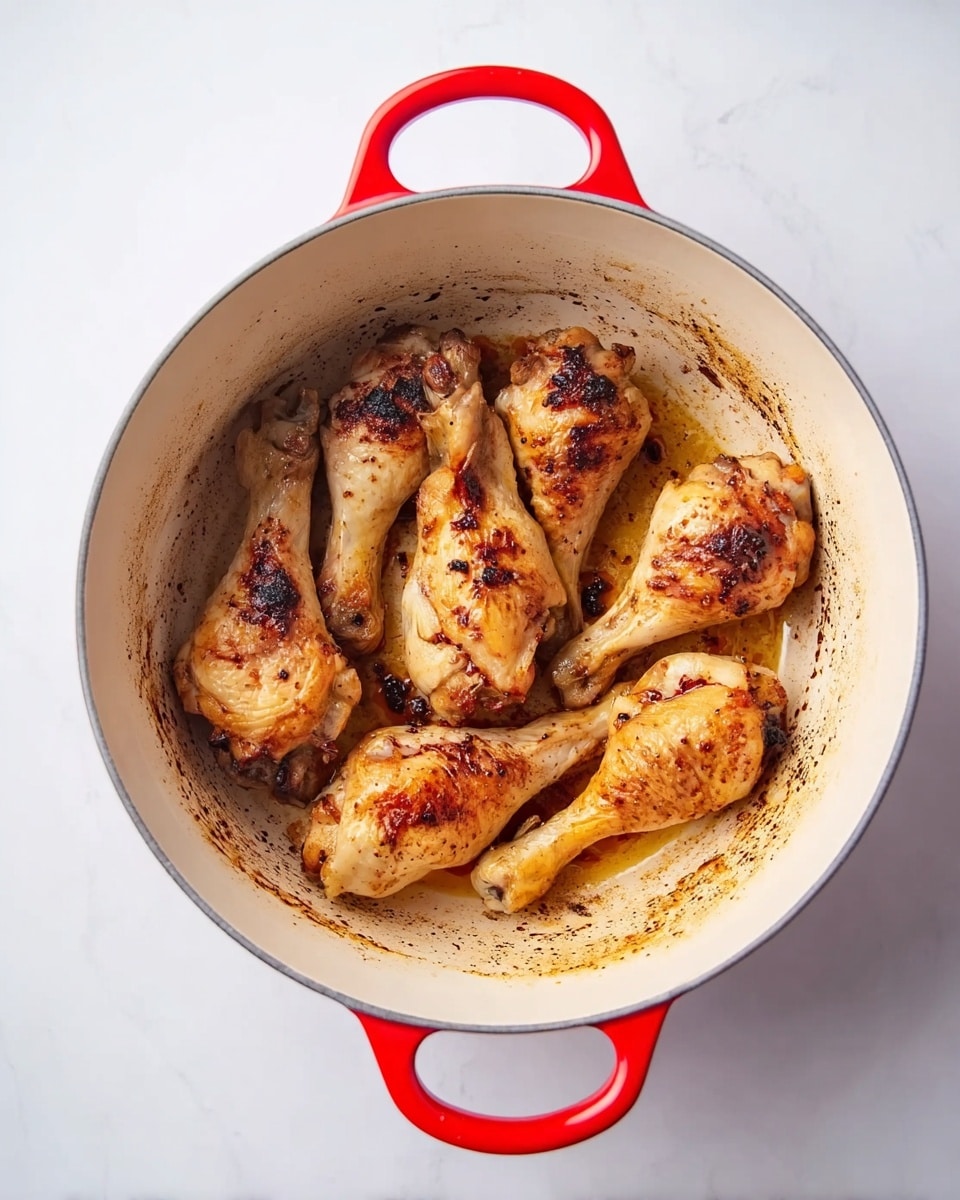 A white pot with red handles filled with seven cooked chicken drumsticks arranged in a circular pattern. The drumsticks have a golden-brown color with grilled marks and slight charring, showing a shiny cooked texture. The inside bottom of the pot has some brown bits and oil, indicating the chicken was seared. The pot sits on a white marbled surface with a clean and bright background. photo taken with an iphone --ar 4:5 --v 7