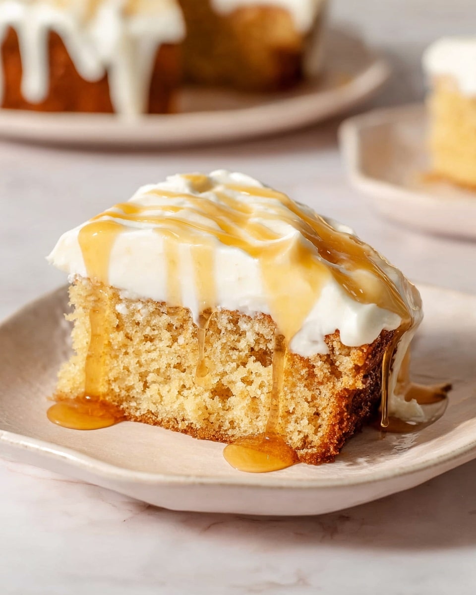 A single slice of moist cake with a golden brown bottom layer that looks soft and crumbly, topped with a thick white creamy frosting layer, and drizzled with shiny light amber syrup flowing down the sides. The cake rests on a white plate that has a subtle organic shape. In the blurred background, more cake slices on another white plate are partially visible. The whole scene is set on a white marbled surface. Photo taken with an iphone --ar 4:5 --v 7