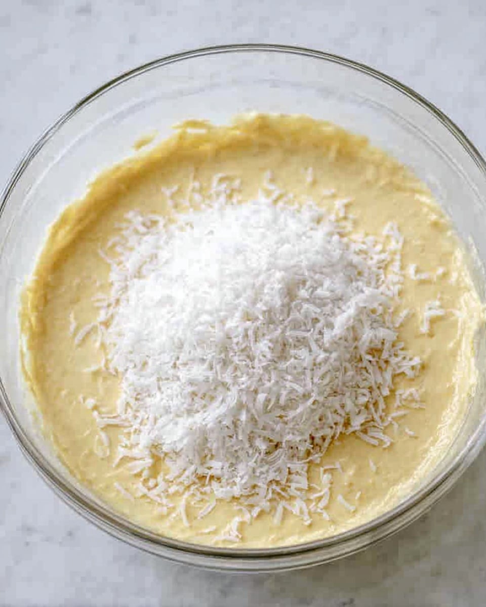 A clear glass mixing bowl filled with smooth, light yellow batter, with a pile of white shredded coconut placed in the center on top of the batter. The bowl sits on a white marbled surface. The batter looks creamy and thick, and the shredded coconut adds a fibrous texture to the top. Photo taken with an iphone --ar 4:5 --v 7
