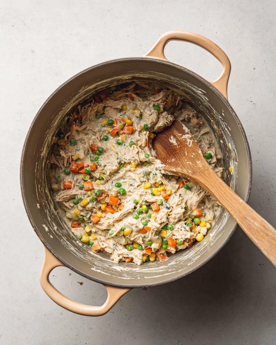 Inside a large gray pot with peach handles, there is a creamy mixture made of shredded light brown meat, small orange carrot cubes, bright green peas, and yellow corn pieces. A wooden spoon rests inside the pot, partially covered with the creamy mixture. The pot is placed on a white marbled surface, and some small bits of the food mixture can be seen sticking to the sides of the pot. The overall view is from above, showing the thick texture and colors of the mixed ingredients. Photo taken with an iphone --ar 4:5 --v 7