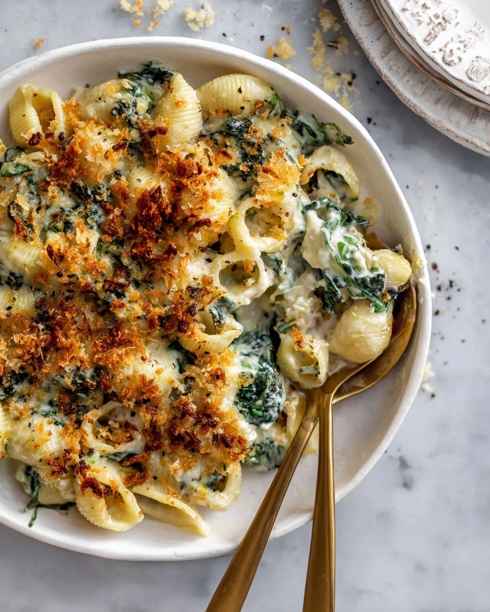 A close-up view of a white plate holding a creamy pasta dish with three main layers: the first layer is pale yellow pasta shells, the second layer is melted white cheese mixed with bright green spinach leaves, and the top layer is golden brown crispy bits scattered evenly over the dish. Two golden spoons rest on the right side of the plate, with some pasta scooped up. The plate is set on a white marbled surface with some scattered crumbs and black pepper. Photo taken with an iphone --ar 4:5 --v 7