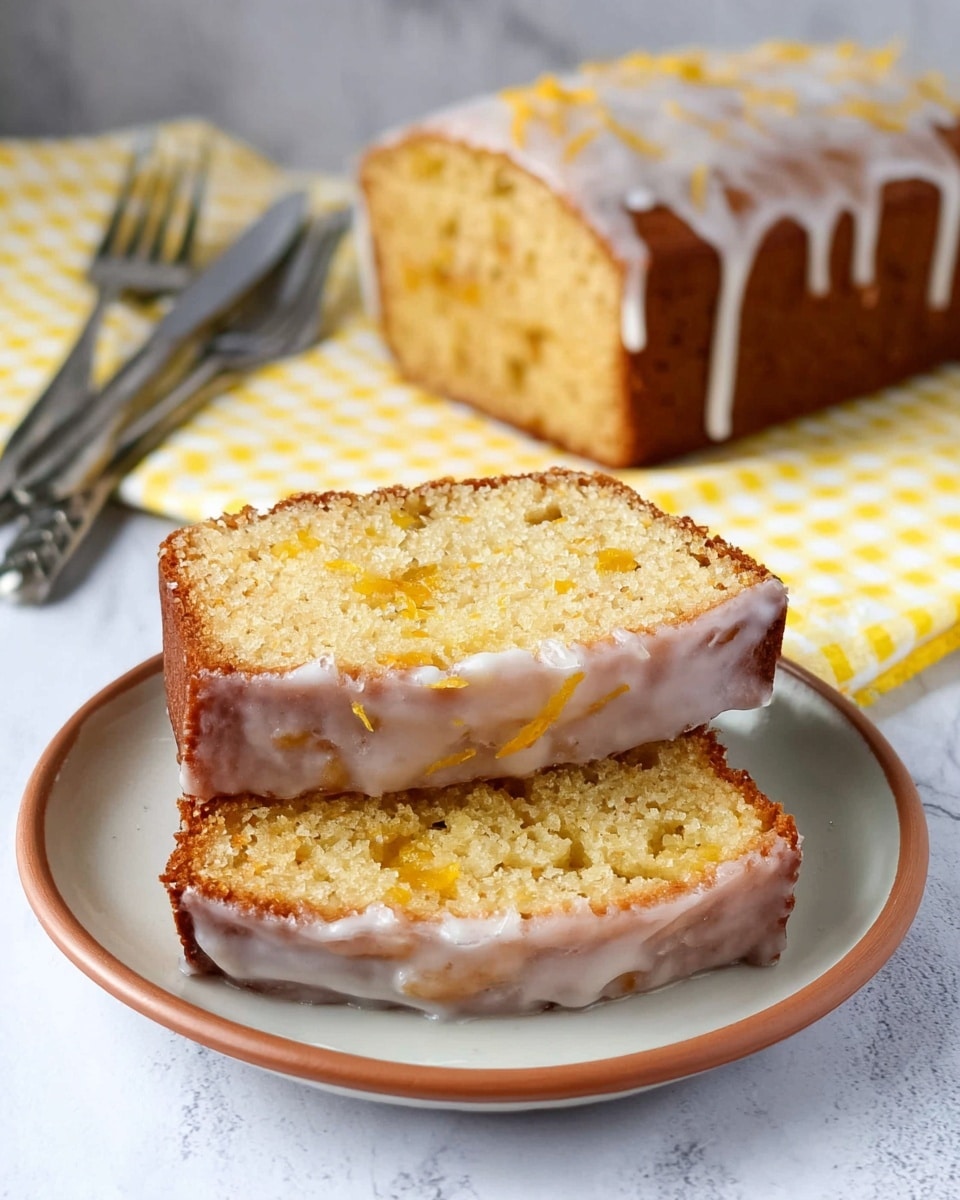 Two thick slices of moist yellow cake with small orange bits inside are stacked on a white plate. The cake slices have a light brown crust and a shiny white glaze covering the sides and slightly dripping down. Behind the plate, a larger piece of the same cake with dripping white glaze is placed on a yellow checkered cloth. The background surface is white marbled texture, with a silver fork and knife nearby. photo taken with an iphone --ar 4:5 --v 7