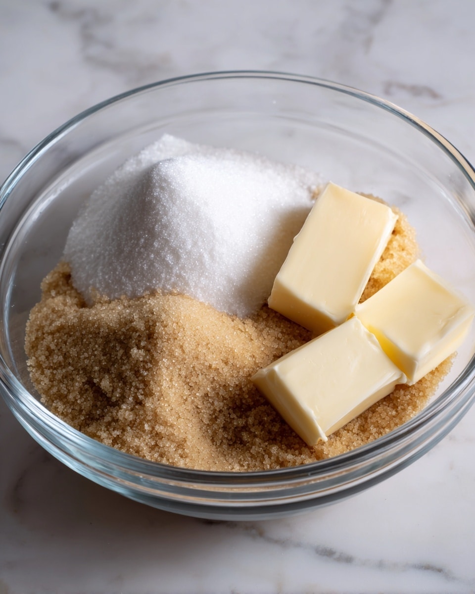 A clear glass bowl sits on a white marbled surface, holding three main layers of ingredients: a mound of white granulated sugar, a pile of light brown sugar with a softer texture spread around it, and two small blocks of pale yellow butter placed near the edge of the sugars. The colors show clear contrast with the white and brown sugars interspersed and the smooth texture of butter visible. photo taken with an iphone --ar 4:5 --v 7