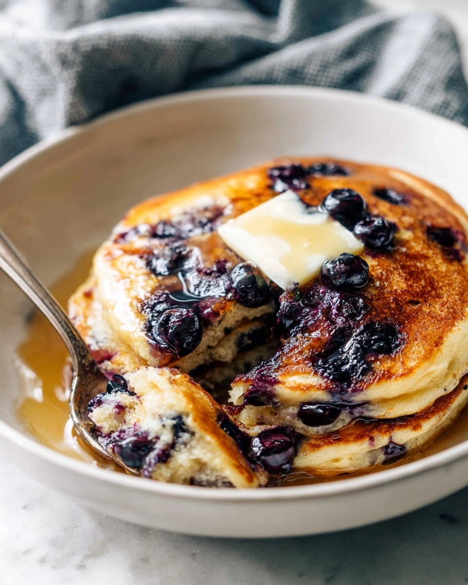 A stack of two golden-brown blueberry pancakes sits in a deep white bowl on a white marbled surface. The top pancake is dotted with dark purple blueberries, some slightly burst, and it has a melting square of pale butter in the center. Light syrup glistens over the pancakes, pooling around the edges. A spoon rests inside the bowl with a piece of pancake and blueberries on it, showing the fluffy inside texture and juicy berries. The background has a soft cloth in gray-blue tones. Photo taken with an iphone --ar 4:5 --v 7
