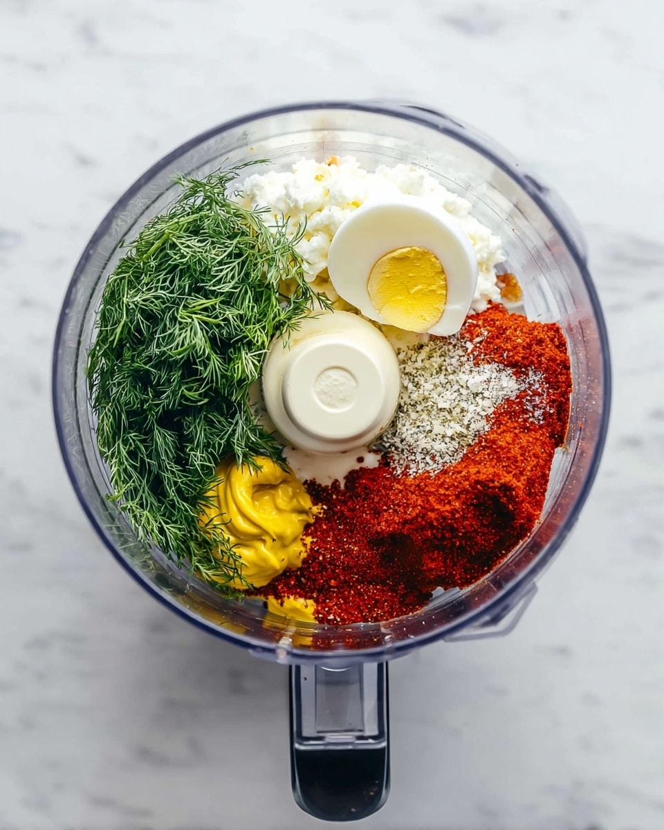 A clear food processor bowl on a white marbled surface holds several ingredients layered separately: a pile of fresh green dill on the left, below it a small dollop of bright yellow mustard, to the right a mound of red paprika powder sprinkled with white seasoning on top, and at the top half of a hard-boiled egg with a yellow yolk and white outside placed near some white cottage cheese around the center blade. photo taken with an iphone --ar 4:5 --v 7