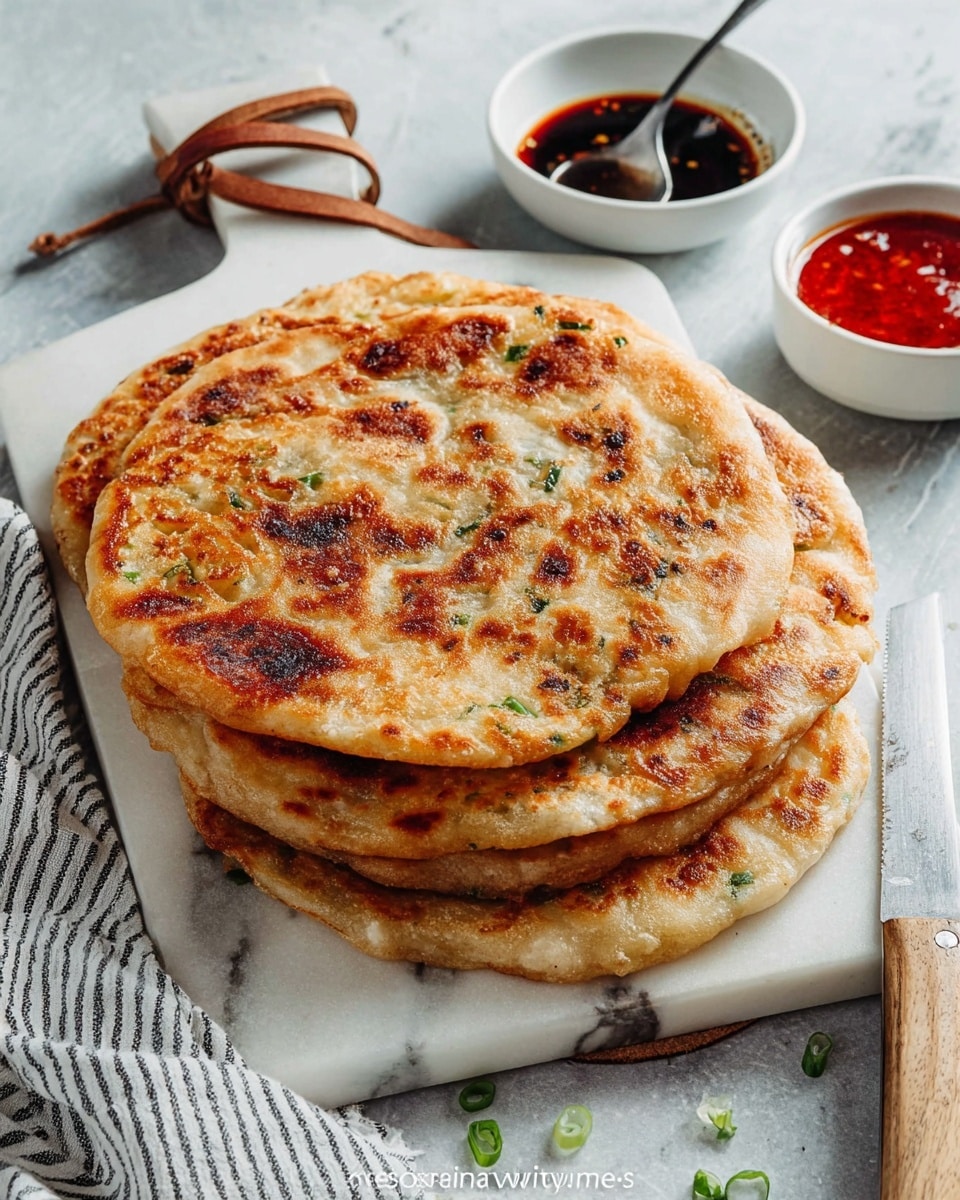 Four round flatbreads with a golden-brown, crispy texture are stacked on a white marble cutting board with a leather strap on the handle. The flatbreads show spots of darker brown where they are more toasted, with visible bits of green onions inside the layers. Next to the board, there is a small white bowl with dark soy sauce and a spoon inside it. There is also a small white bowl filled with red chili sauce. The background is a white marbled texture, and a striped cloth napkin with a knife with a light wooden handle is partly visible at the bottom right corner. Photo taken with an iphone --ar 4:5 --v 7