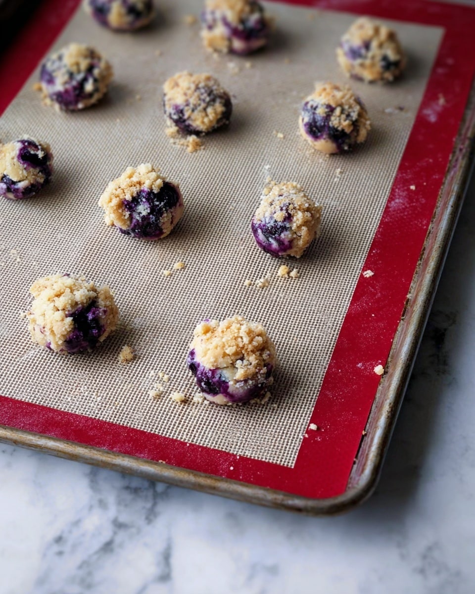 The image shows a metal baking tray with a red border lined with a silicone baking mat. On the mat, there are small, round cookie dough balls that appear purple from blueberries mixed inside. Each dough ball has a crumbly, light golden topping scattered on it, adding texture. The background is a white marbled surface. photo taken with an iphone --ar 4:5 --v 7