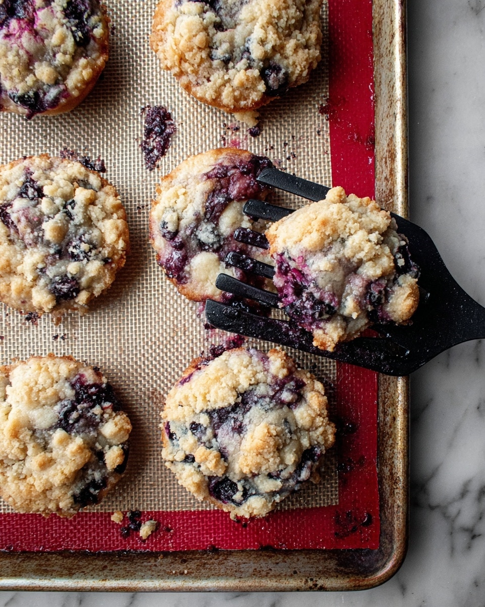 A close-up view of five round blueberry muffins on a baking tray lined with a beige textured mat and a red border. The muffins have a rough, crumbly golden topping unevenly spread on each, with dark purple blueberries visible through the lightly browned baked dough beneath. One muffin is being lifted by a black slotted spatula, showcasing the muffin's thickness and crumbly texture. The tray sits on a white marbled surface, with small crumbs and dark purple blueberry stains scattered around. photo taken with an iphone --ar 4:5 --v 7