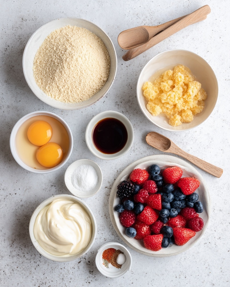 A white bowl filled with light brown almond flour sits at the top center, next to a white bowl on the right holding a chunky light golden mixture. Below, a white bowl with two raw eggs showing yellow yolks and translucent whites is on the left, and a small white bowl with dark liquid, likely vanilla extract, is placed slightly to its right. Near the bottom center, there is a white bowl with soft, creamy white butter or cream, and two wooden measuring spoons with white salt and brown spice are placed nearby. On the bottom right, a white plate holds fresh berries: bright red strawberries, red raspberries, and deep blue blueberries. All items rest on a white marbled textured surface photo taken with an iphone --ar 4:5 --v 7